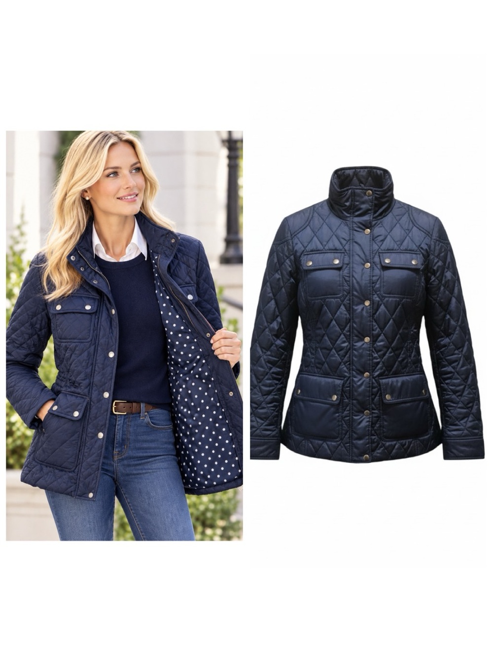 Banana Republic Quilted Barn Field Jacket S Navy Polka Dot Preppy Pockets Zipper